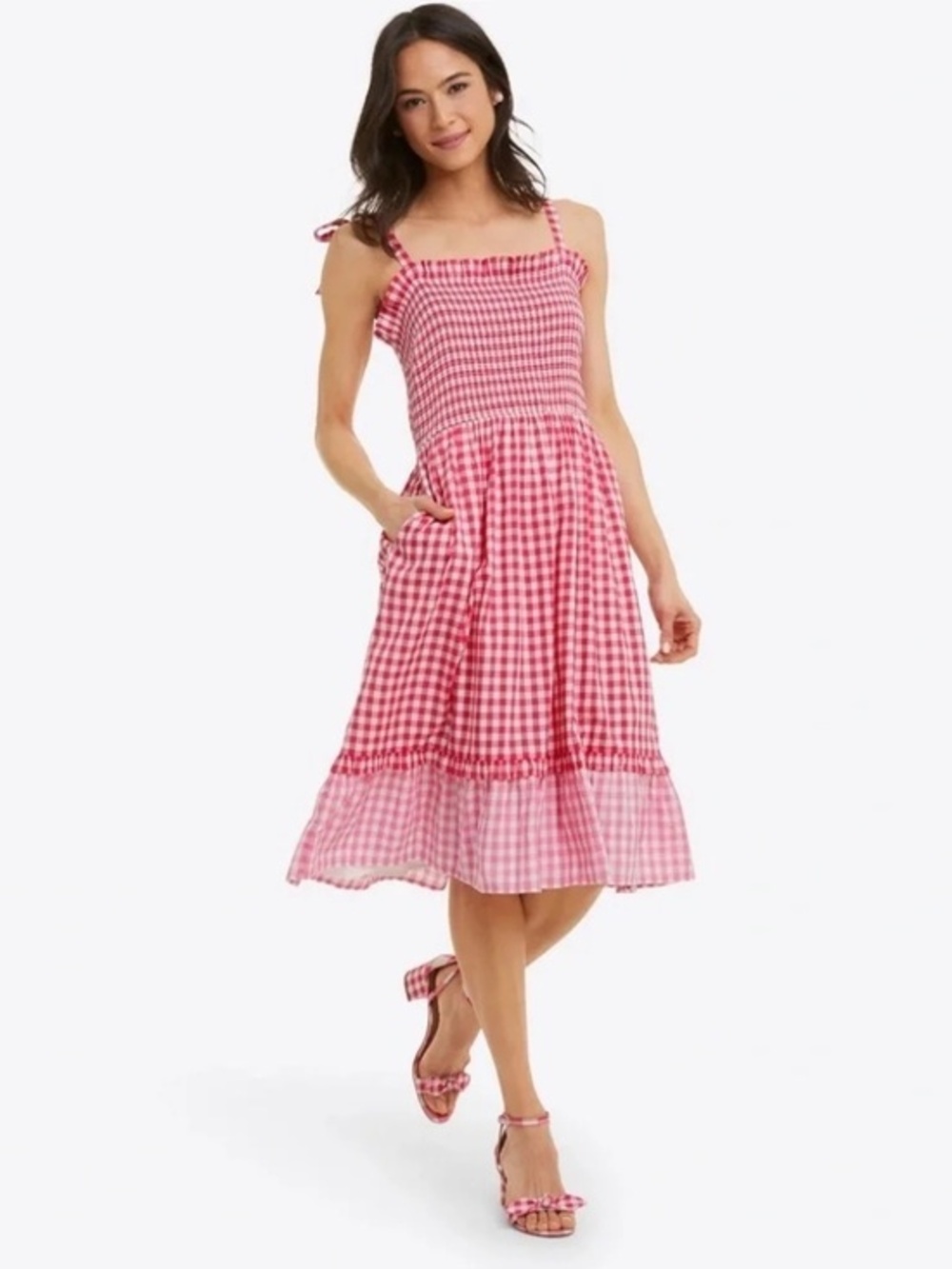 Draper James Taylor Pink Gingham Tie-Shoulder Smocked Sundress Ruffle Hem::NWT::
